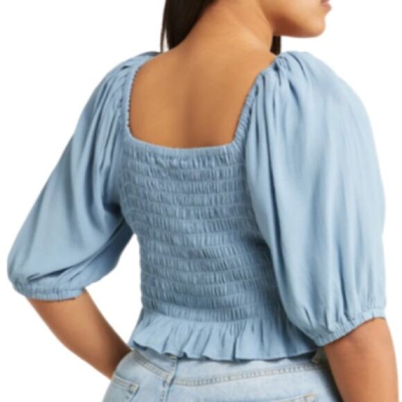 Open Edit Tie Front Puff Sleeve Blouse - Blue Chambray Size 2X - Picture 4 of 9